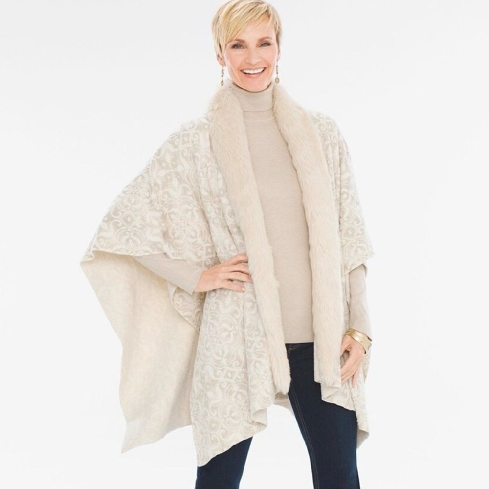 CHICO’S Jacquard Cream Faux-Fur Trim Ruana Poncho - New With Tags - OS